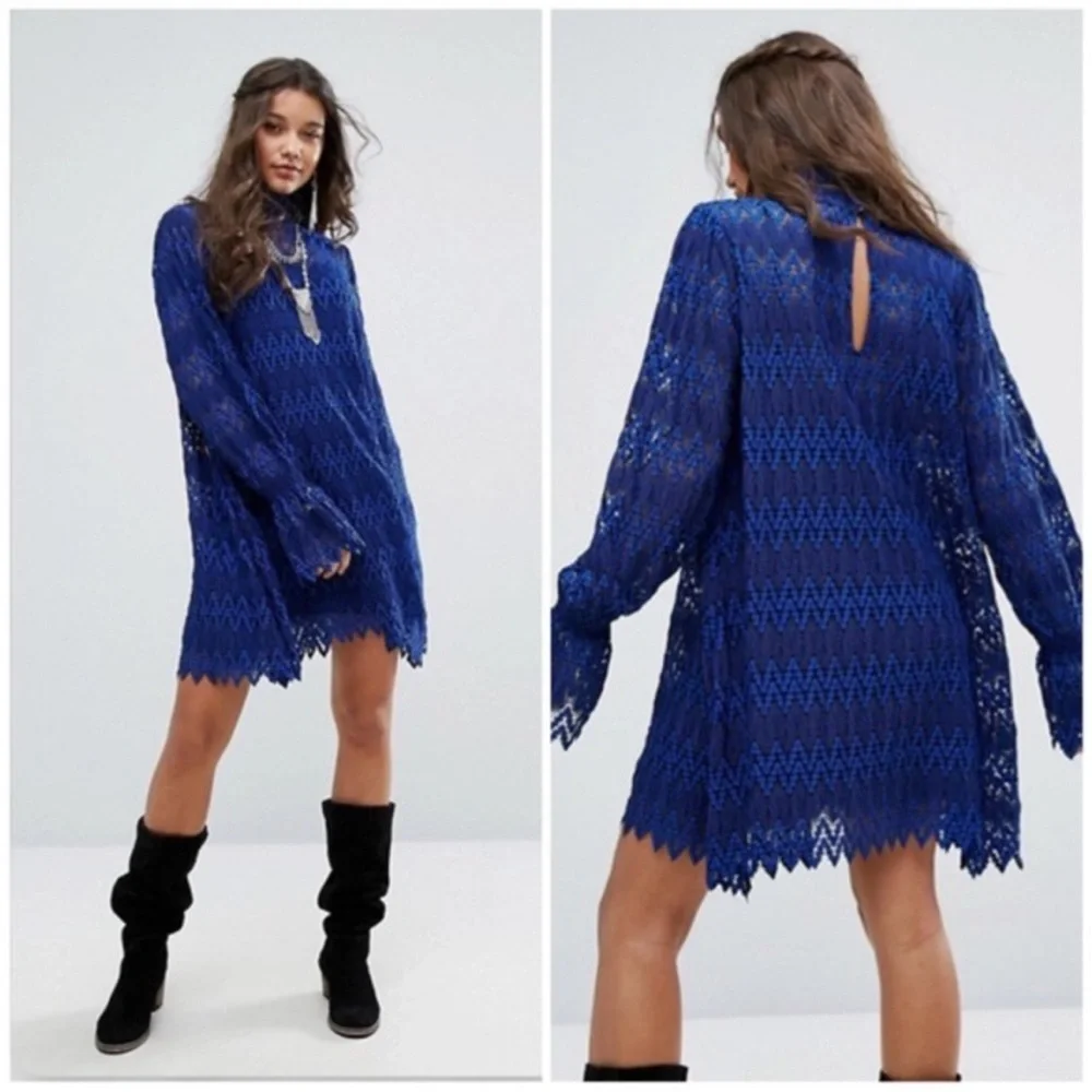 Free People Blue Black Lace Simone Bell Sleeve Crochet Dress Sz XS